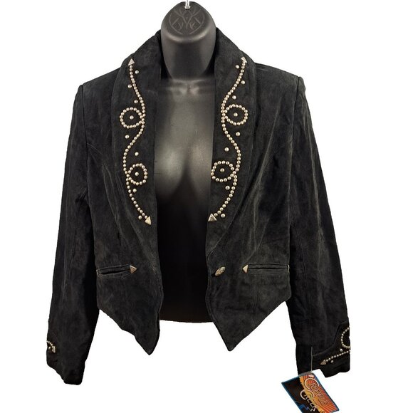 NWT VTG Cripple Creek S Black Leather Suede Jacket Metal Stud Embellish Cropped - Picture 1 of 11